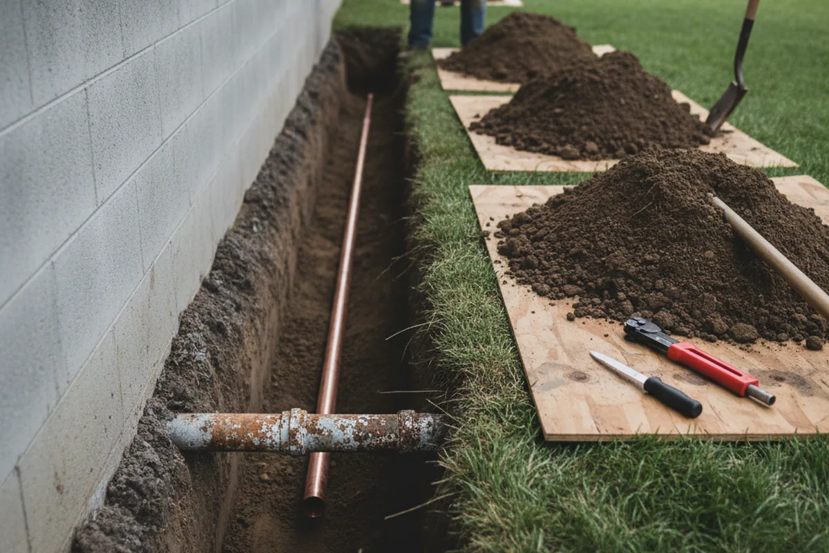 Excavated water line trench during Sewer Line Repair in Gilbert